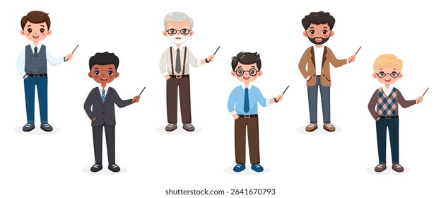 Set of different standing smiling and friendly business man teacher with pointer pencil on white background. Character of different age and multinationals. Vector illustration in flat cartoon style