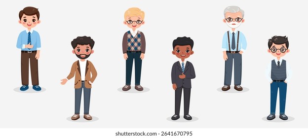 Set of different standing smiling and friendly business man teacher on grey background. Character of different age and multinationals. Vector illustration in flat cartoon style