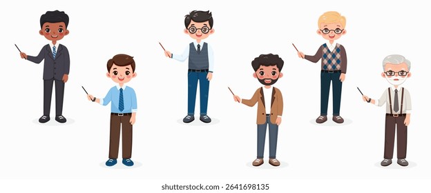 Set of different standing smiling and friendly business man teacher with pointer pencil on white background. Character of different age and multinationals. Vector illustration in flat cartoon style