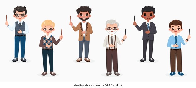 Set of different standing smiling and friendly business man teacher with pointer pencil on white background. Character of different age and multinationals. Vector illustration in flat cartoon style