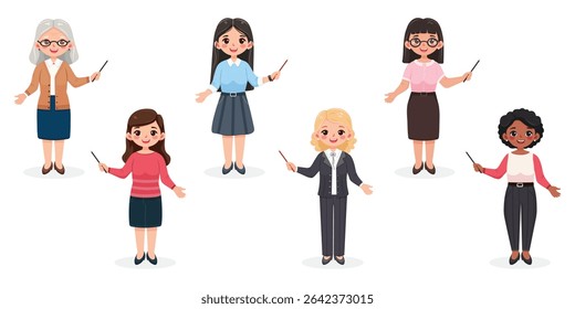 Set of different standing smiling and friendly business woman teacher with pointer pencil on white background. Character of different age and multinationals. Vector illustration in flat cartoon style