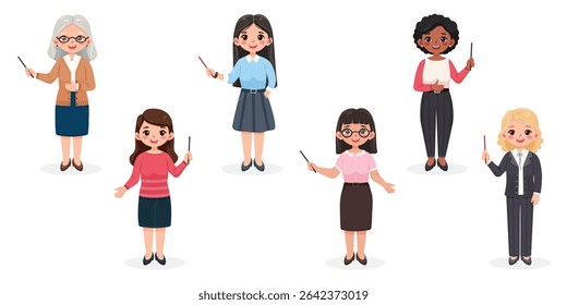 Set of different standing smiling and friendly business woman teacher with pointer pencil on white background. Character of different age and multinationals. Vector illustration in flat cartoon style