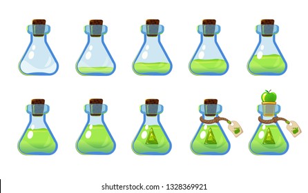 Set of different states of bottle with green elixir and apple. Illustration for mobile game interface. Isolated on white background.  