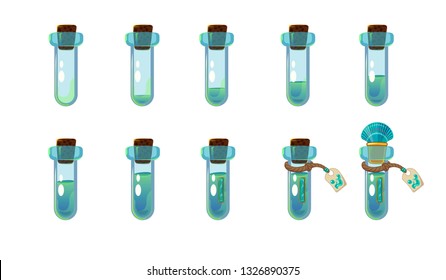 Set of different states of bottle with ocean blue elixir and shell. Illustration for mobile game interface. Isolated on white background.  