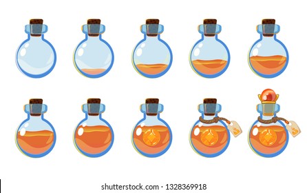 Set of different states of bottle with orange elixir and gemstone. Illustration for mobile game interface. Isolated on white background.  