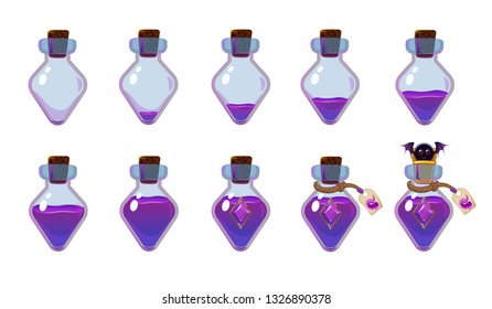 Set of different states of bottle with purple elixir and cute bat. Illustration for mobile game interface. Isolated on white background.  
