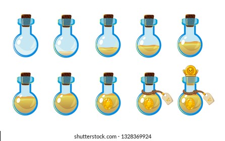 Set of different states of bottle with yellow elixir and golden skull coin. Illustration for mobile game interface. Isolated on white background.  