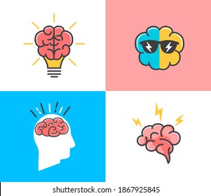 Set of different states of brain.Concepts of brainstorming,idea,creativity and new inspirration.Icons with brain,light bulb,sunglasses and lightning.Creative idea,mind,nonstandard thinking logo.Vector