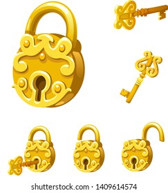 Set of different states of gold lock an key. Closed lock, opened lock. Safety isolated vector illustration.