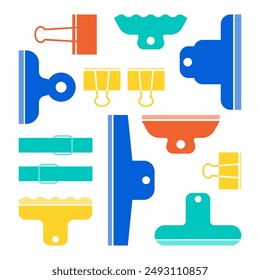 Set of different stationery paper clip, binder, paper holder.
