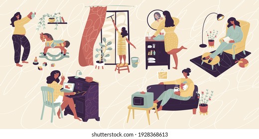 Set with different stay home situations. Isolated. Pregnant, Washing window, Work at home, freelancer, cleaning, childish room, wood horse. Vector illustration. Poster, print, card design.