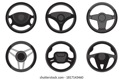 Set of different steering wheels. Car parts in flat style.