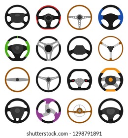 Set of different steering wheels icons isolated on white background. Car wheel control, auto part driving in flat style. Vector illustration