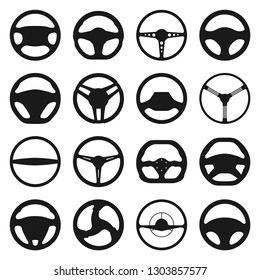 Set of different steering wheels icons isolated on white background. Car wheel control silhouette, auto part driving in flat style. Vector illustration