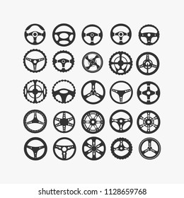 Set of different steering wheels on a white background