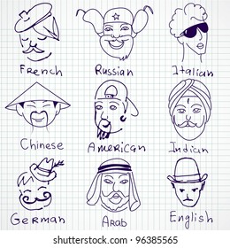 A set of different stereotypes of nationalities from all over the world. Hand drawn doodles.