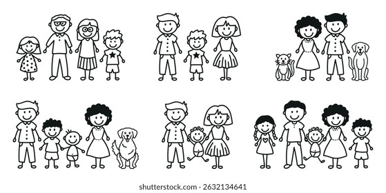Conjunto de diferentes figuras de palitos desenhadas no estilo de figura de palitos. Pai, mãe, adolescentes, crianças, bebês e animais de estimação. Vetor editável no estilo de rabiscar.