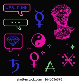 Set of different stickers: alchemical sacred symbols, bust of David, speech bubbles in pixel art 8-bit webpunk style.