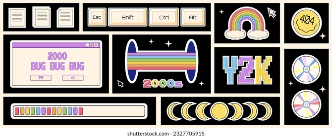 Set of different stickers, open computer windows, buttons in 2000s aesthetics, Y2K labels, decorative design elements.