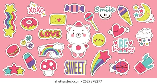 Set of different stickers with teddy bear characters, food, clouds, rainbow, stars, objects. Vector fashion cartoon elements for stickers, patches or pins.