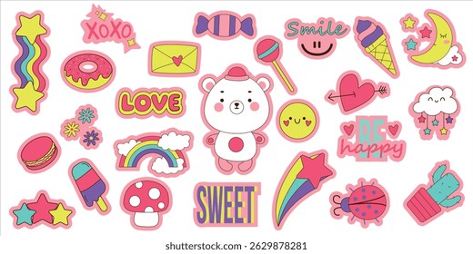 Set of different stickers with teddy bear, characters, food, clouds, rainbow, stars, objects. Vector fashion cartoon elements for stickers, patches or pins.