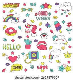 Set of different stickers with unicorn, characters, food, clouds, rainbow, stars, objects. Vector fashion cartoon elements for stickers, patches or pins.