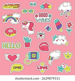 Set of different stickers with unicorn, characters, food, clouds, rainbow, stars, objects. Vector fashion cartoon elements for stickers, patches or pins.