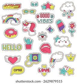 Set of different stickers with unicorn, characters, food, clouds, rainbow, stars, objects. Vector fashion cartoon elements for stickers, patches or pins.