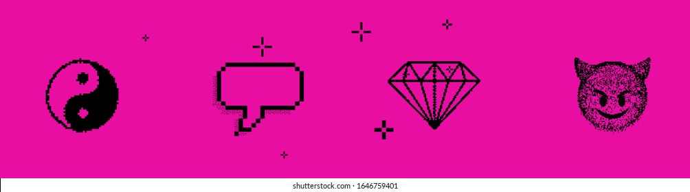 Set of different stickers: Yin and yang symbol, diamond, speech bubble and evil smile in pixel art 8-bit stylization. Vaporwave and webpunk style illustration for fashion prints, badges and pins.