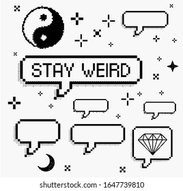 Set of different stickers: Yin and yang symbol, diamond, speech bubble in pixel art 8-bit stylization. Vaporwave and webpunk style collage for fashion prints, badges and pins.