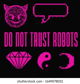 Set of different stickers: Yin and yang symbol, diamond, speech bubble and evil smile in pixel art 8-bit stylization. Vaporwave and webpunk style illustration for fashion prints, badges and pins.