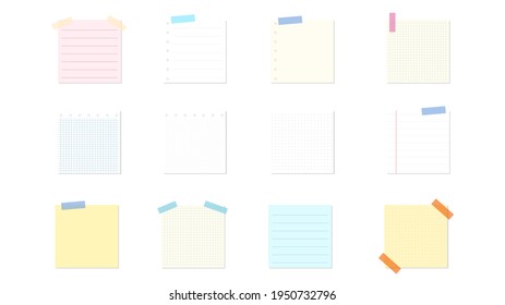Set of different sticky notes with colored masking tape isolated on white background