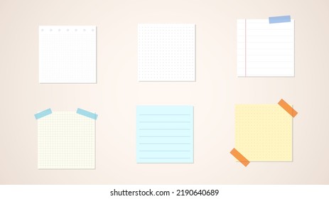 Set of different sticky notes with colored masking tape isolated on  background , illustration Vector EPS 10