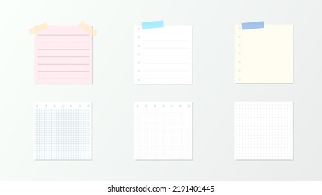 Set of different sticky notes with colored masking tape isolated on  background , illustration Vector EPS 10