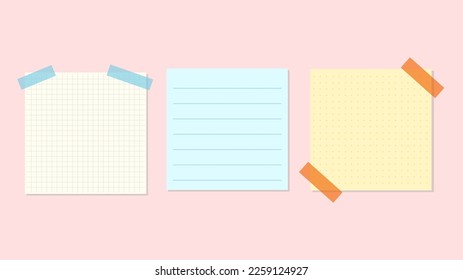 Set of different sticky notes with colored masking tape isolated on pink  background , illustration Vector EPS 10