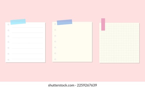 Conjunto de diferentes notas adhesivas con cinta adhesiva de color aislada en fondo rosa , ilustración Vector EPS 10