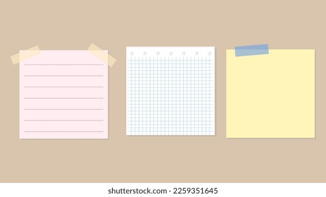 Set of different sticky notes with colored masking tape isolated on  background , illustration Vector EPS 10