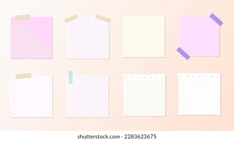 Conjunto de diferentes notas adhesivas con cinta adhesiva de color aislada en el fondo , ilustración Vector EPS 10