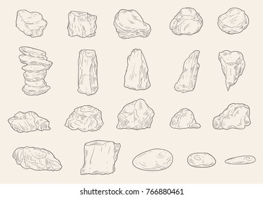 Set of different stones in cartoon sketch style. Hand drawn vector illustration isolated on white background.