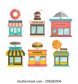 set of different store buildings. vector shop illustration. doughnut, coffee shop cafe, restaurant, bakery, burgers and candy shop icons