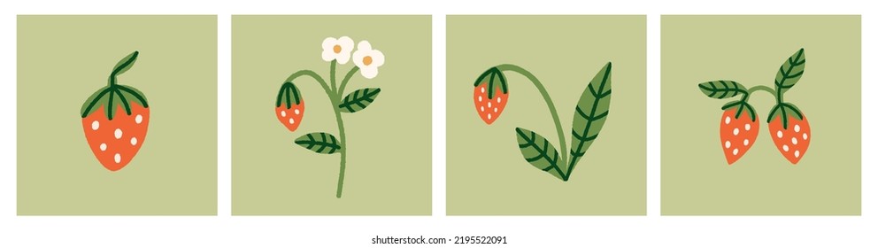 Set of different strawberries with leaves, white flowers, bushes or branches. Modern art, print, poster, card design. Vector hand drawn illustration, cartoon style. 