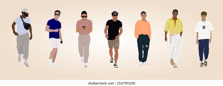 Conjunto de diferentes ilustraciones vectoriales de hombres de moda callejera. Jóvenes vestidos con un moderno traje de verano al estilo de la calle, de pie o caminando. Estilo de caricatura vectorial ilustración de moda aislada