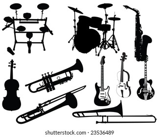 Set of different stringed, wind and percussion instruments