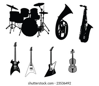 Set of different stringed, wind and percussion instruments