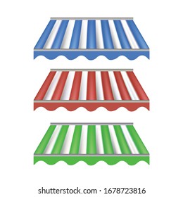 Conjunto de diferentes toldos rayados aislados en fondo blanco, ilustración del vector de color. Tapa exterior con varios bordes. Techo de carpa de mercado, plantilla para el diseño.