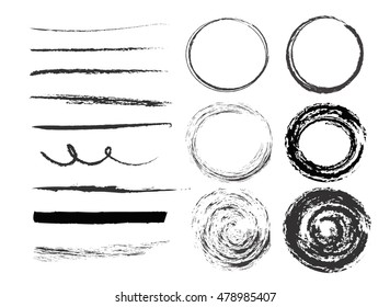 set of different strokes with  grunge circles. vector design elements