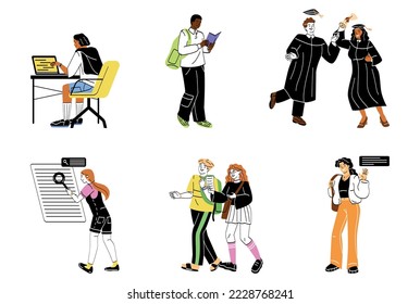 Set of different students. Young girls and teenagers study at university, communicate with friends, receive diploma and prepare for exams. Cartoon flat vector collection isolated on white background