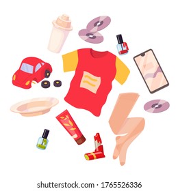 Set with different stuff. Broken toy, t-shirt, plate, smartphone, lipstick, CD disk, nail polish, water filter, tights. Vector cartoon flat illustration isolated on white background.