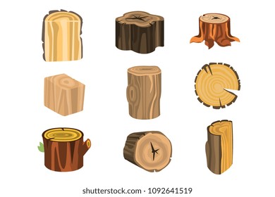 Set of different stump trees. Wooden materials vector Illustrations