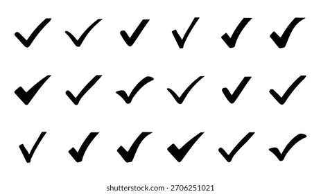 Un conjunto de diferentes estilos de color negro marca de verificación icono signo y símbolo, diseño plano de lista de comprobación con fondo blanco, diseño de Ilustración vectorial EPS, 